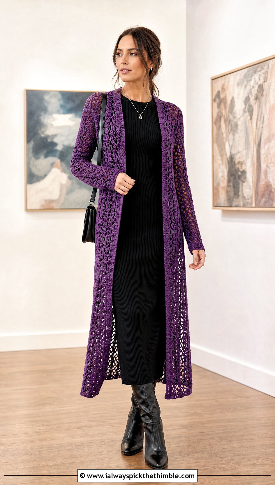Longline Duster Crochet Cardigan With Column Dress - 15 Autumn Crochet Cardigan Style outfit ideas