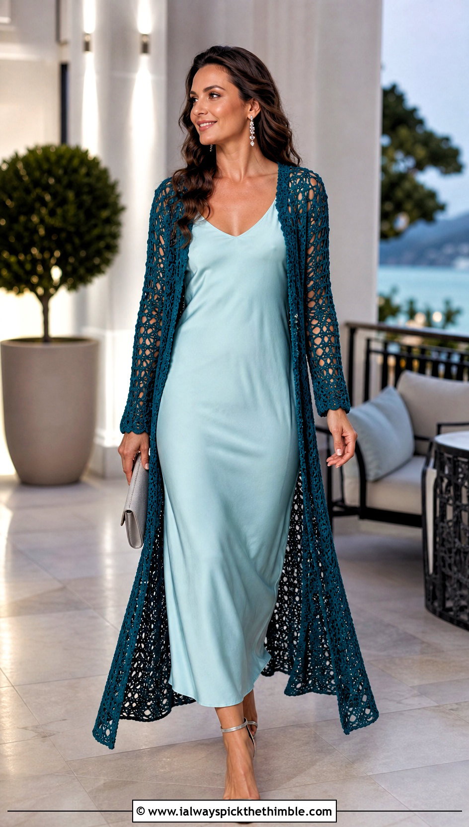 Longline Duster Crochet Cardigan With Slip Dress - 25 crocheted cardigan outfit ideas