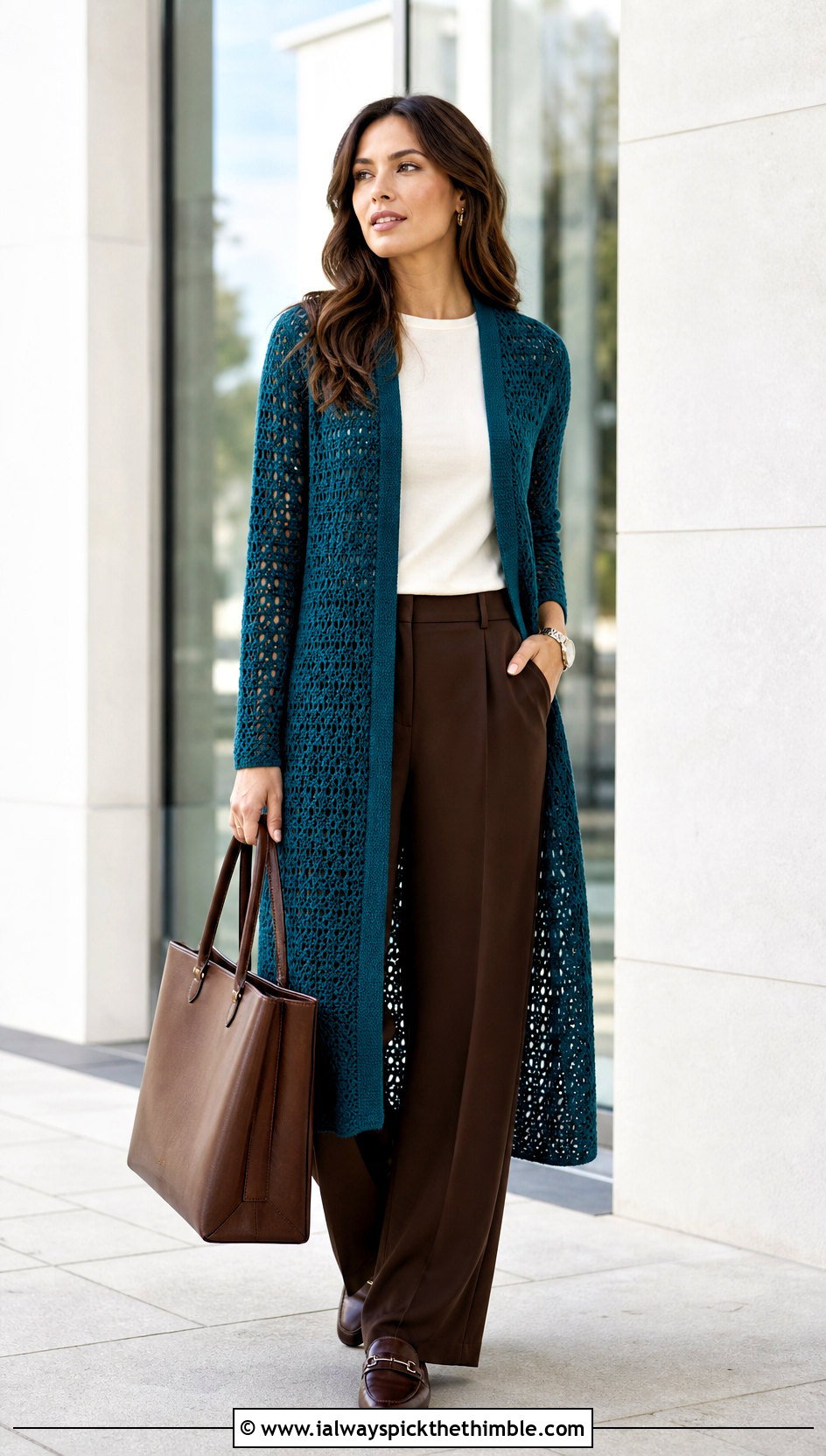 Longline Duster Crochet Cardigan With Tailored Trousers - 15 Crochet Womens Cardigans outfit ideas