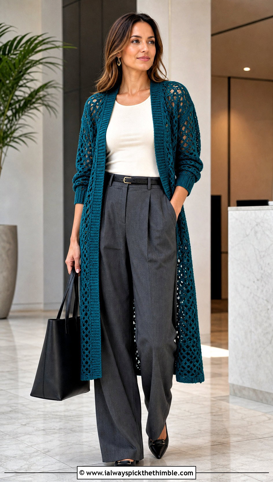 Longline Duster Crochet Cardigan With Tailored Trousers - 20 cute crochet cardigans outfit ideas
