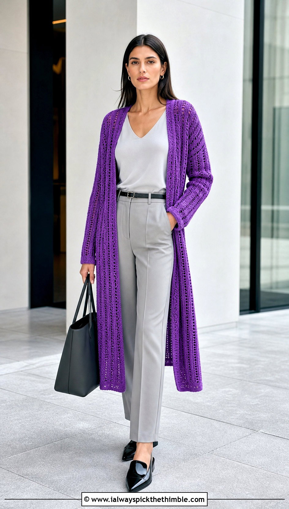 Longline Duster Crochet Cardigan With Tailored Trousers - 15 crazy classic crochet cardigan outfit ideas