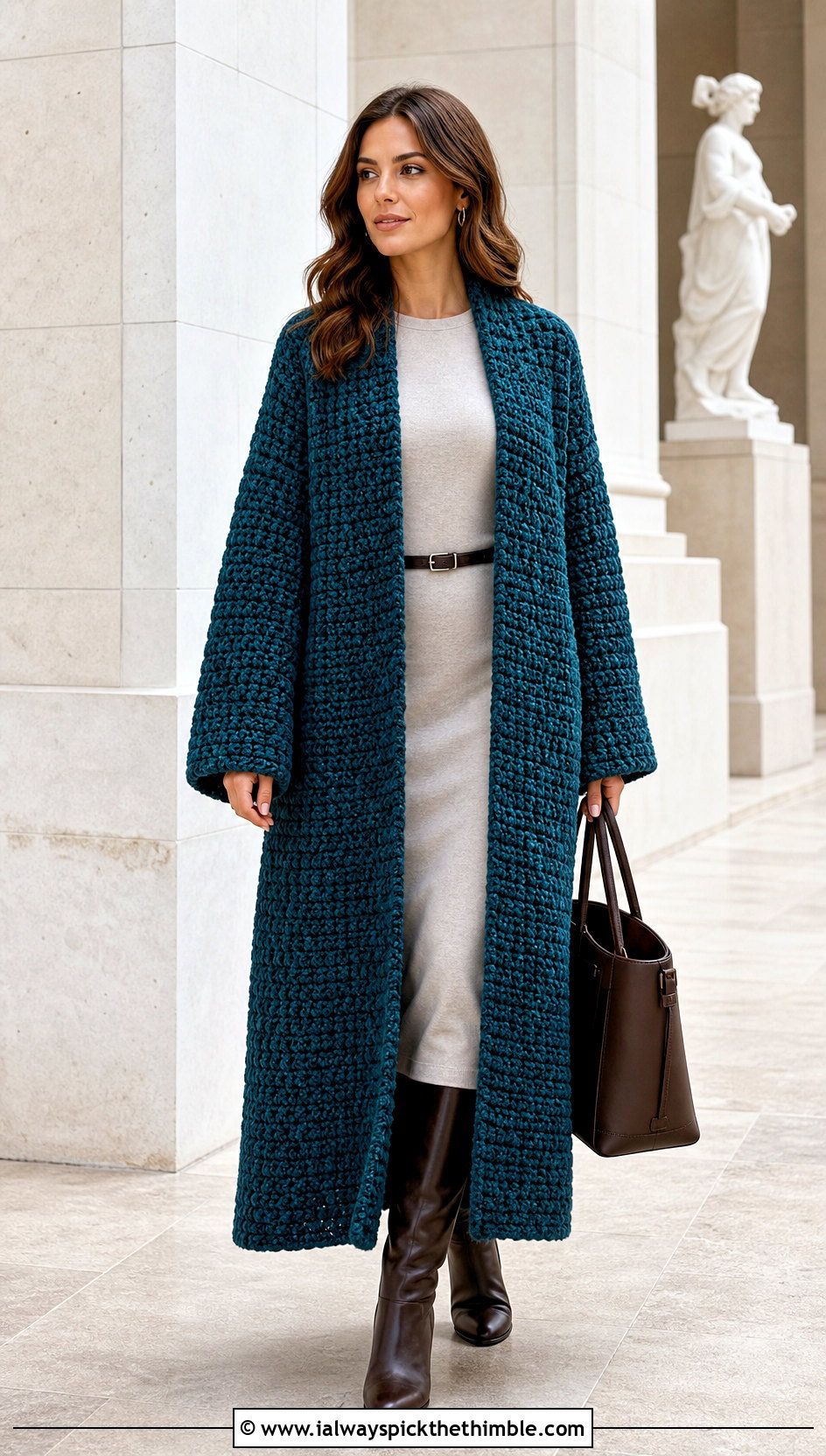 Longline Duster Crochet Chenille Cardigan With Column Dress - 20 crochet chenille cardigan outfit ideas