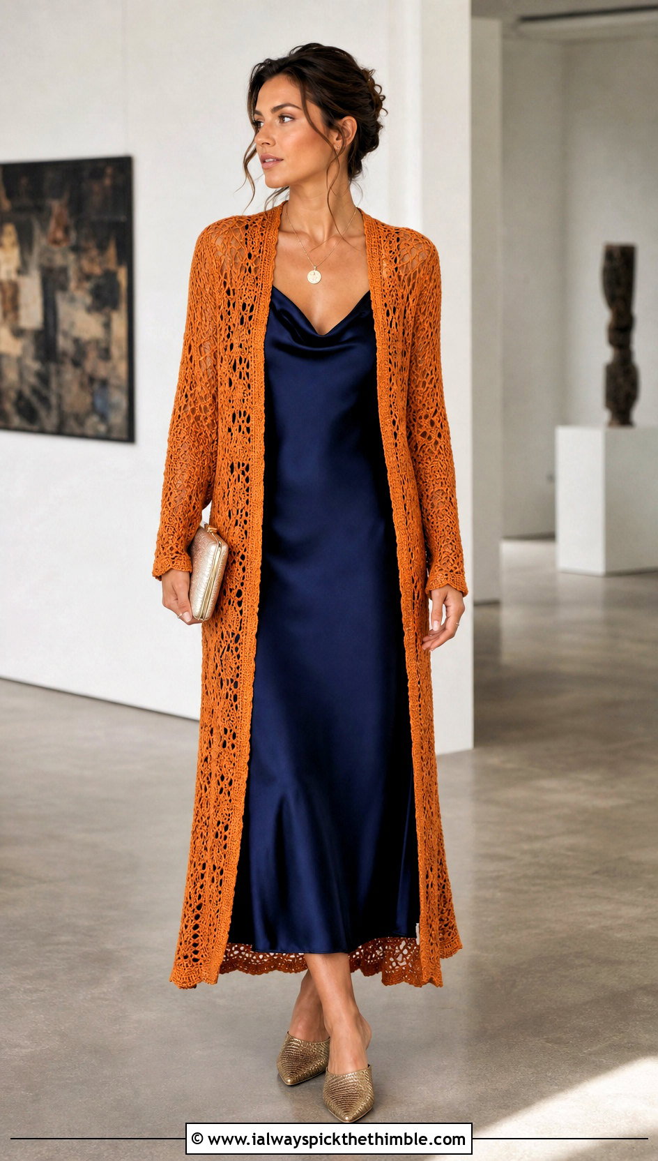 Longline Duster Crocheted Cardigan With Slip Dress - 15 Easy Crocheted Cardigan outfit ideas