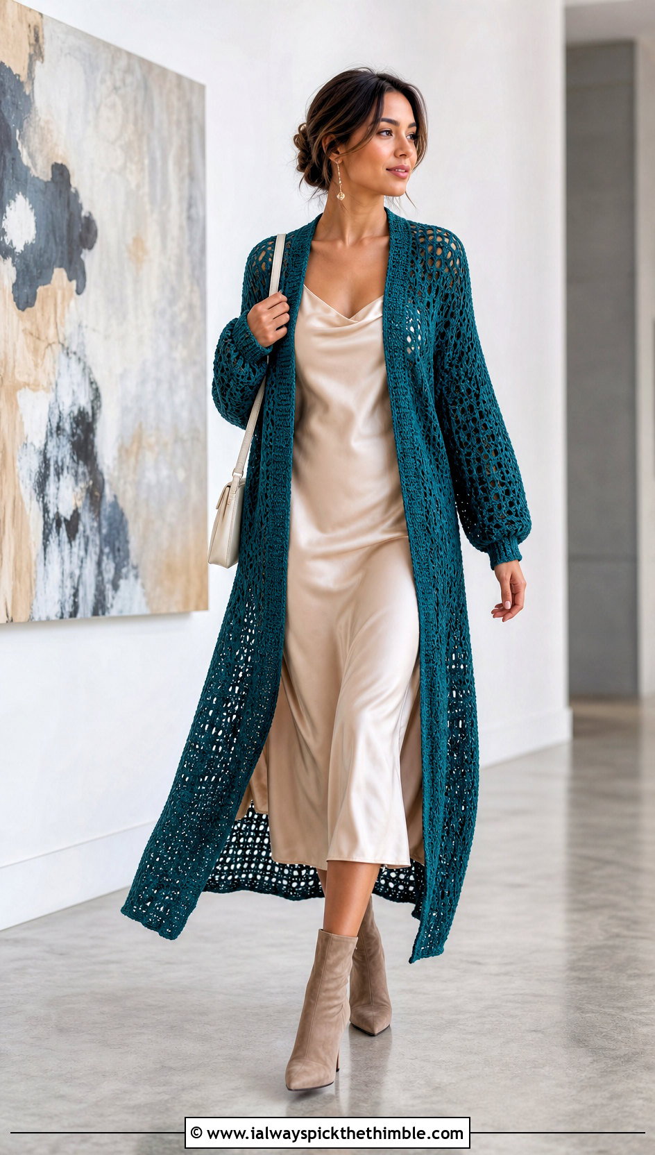 Longline Duster Double Crochet Cardigan With Slip Dress - 20 Double Crochet Cardigan outfit ideas