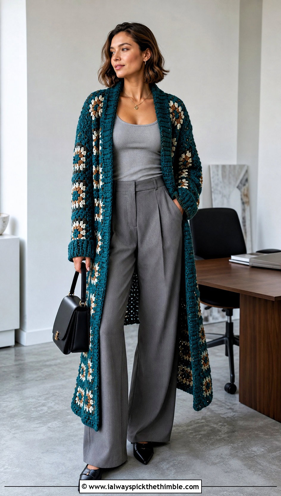 Longline Duster Giant Granny Square Cardigan With Tailored Trousers - 25 giant granny square cardigan outfit ideas