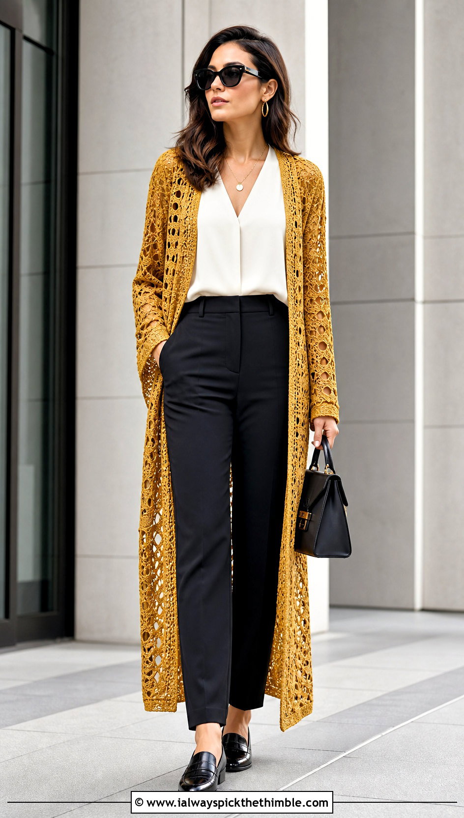 Longline Duster Gold Crochet Cardigan With Tailored Trousers - 15 gold crochet cardigan outfit ideas