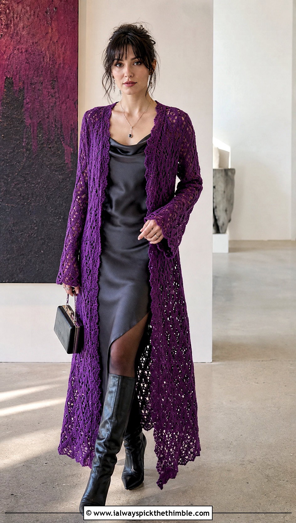 Longline Duster Goth Crochet Cardigan With Slip Dress - 15 goth crochet cardigan outfit ideas