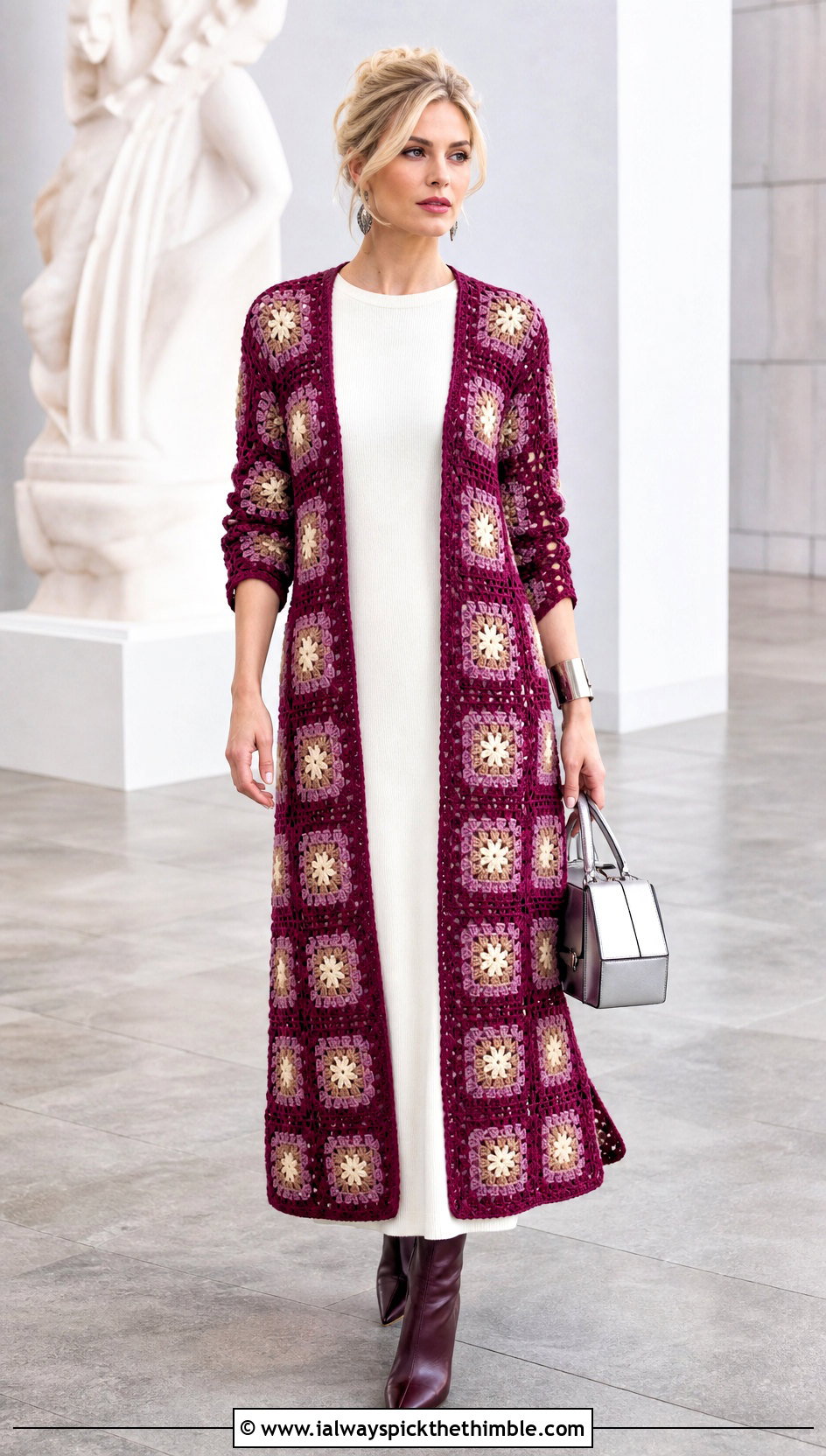 Longline Duster Granny Square Cardigan With Column Dress - 15 Everyday Granny Square Cardigan outfit ideas