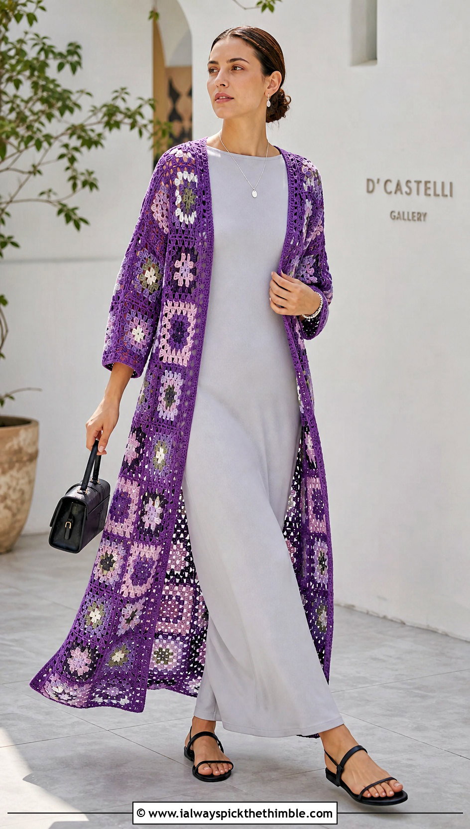 Longline Duster Granny Square Summer Cardigan With Column Dress - 20 granny square summer cardigan outfit ideas