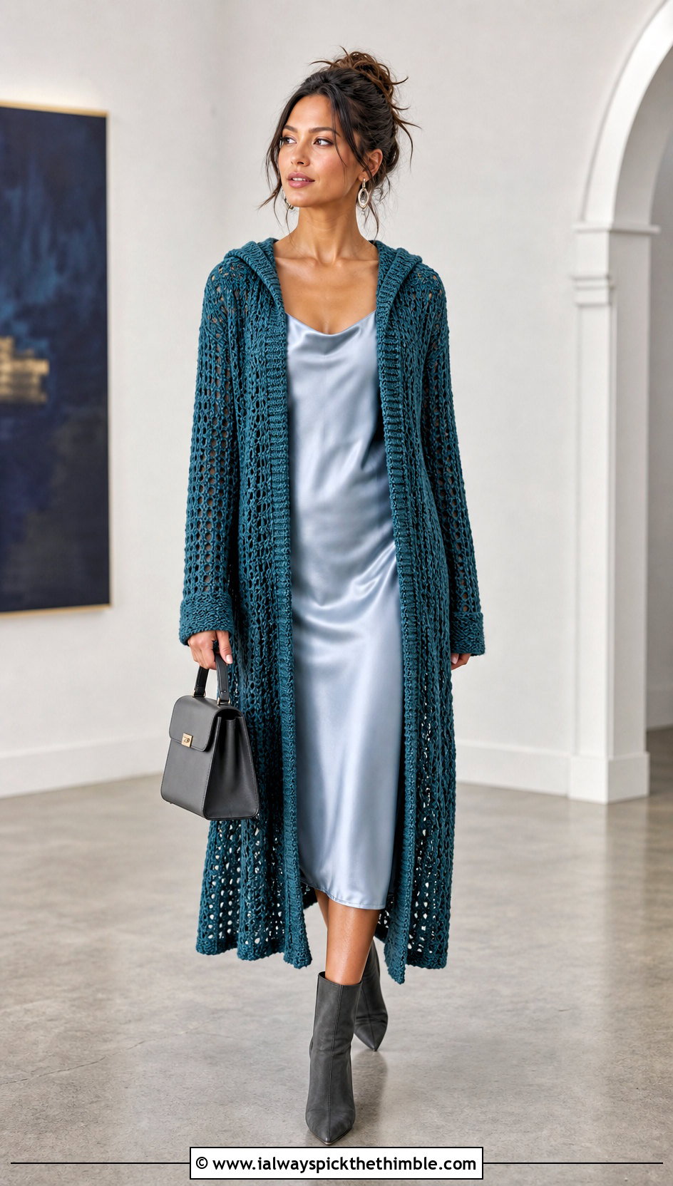 Longline Duster Hooded Crochet Cardigan With Slip Dress - 25 hooded crochet cardigan outfit ideas