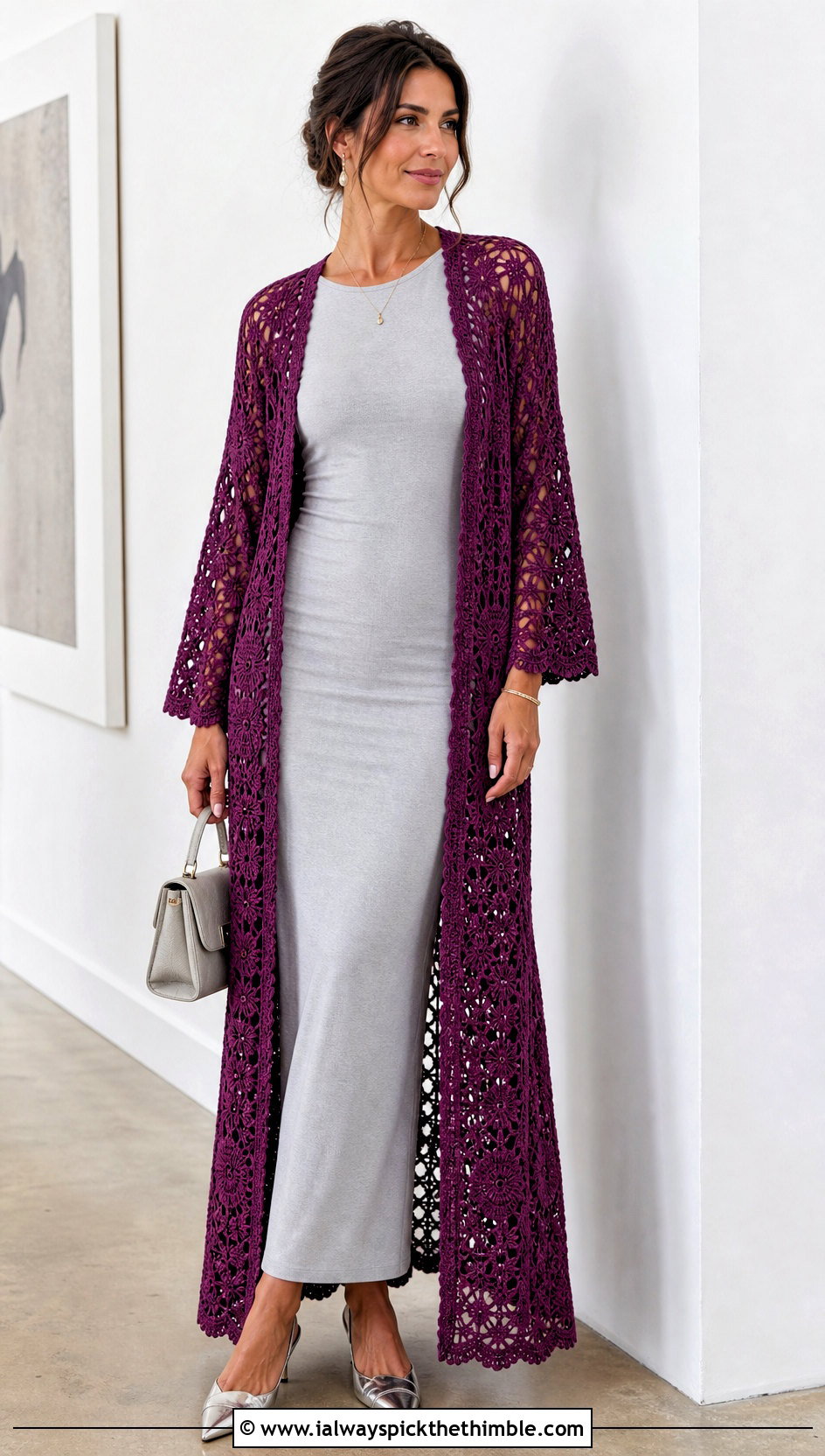 Longline Duster Kimono Crochet Cardigan With Column Dress - 20 kimono crochet cardigan outfit ideas