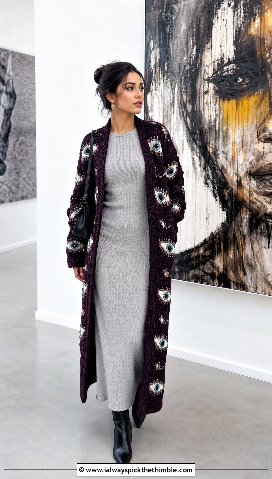 Longline Eyeball Cardigan With Column Knit Dress - 15 Crochet Eyeball Cardigan outfit ideas
