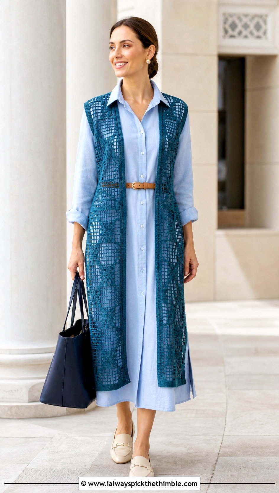 Longline Filet Crochet Mesh Vest With Shirt Dress - 25 crochet mesh vest outfit ideas