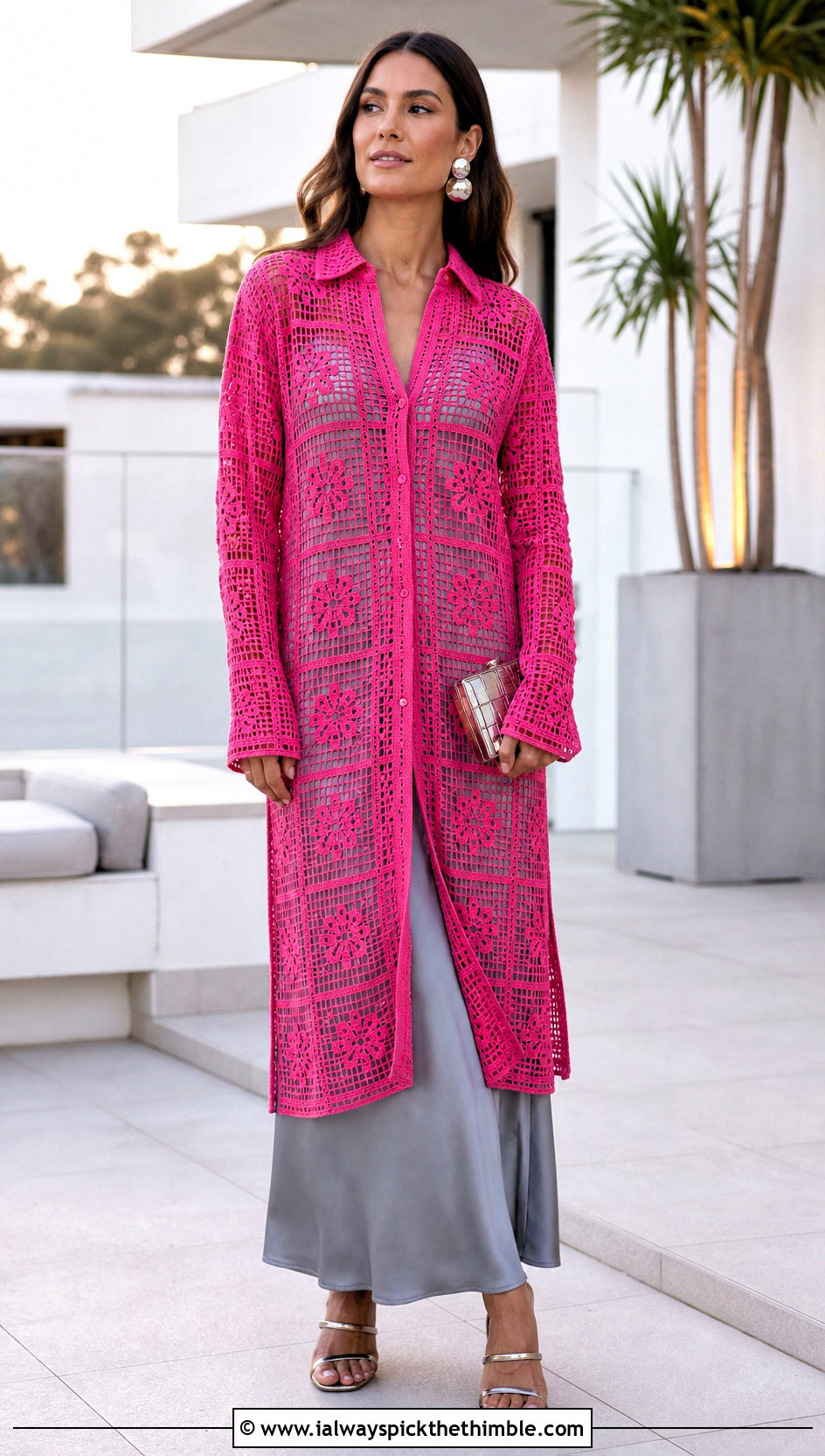 Longline Filet Crochet Shirt With Satin Slip Dress - 20 filet crochet shirt outfit ideas