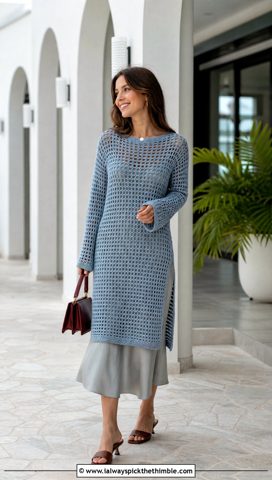 Longline Filet Grid Crochet Sweater With Slip Dress - 15 Grid Crochet Sweater outfit ideas
