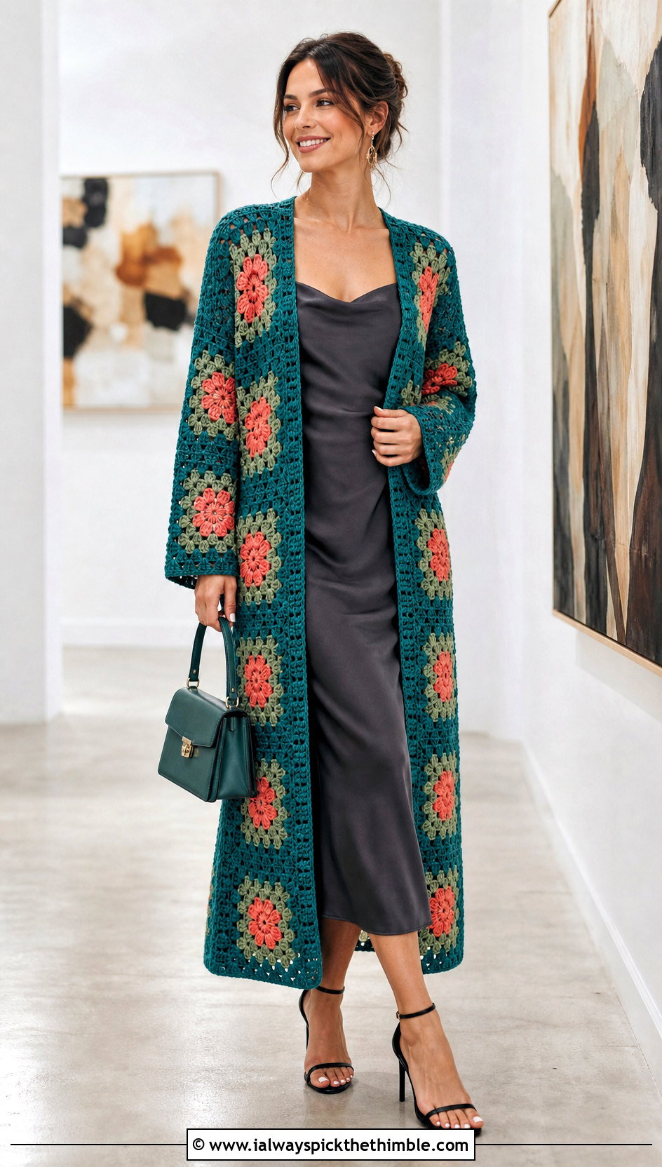 Longline Floral Big Granny Square Cardigan With Slip Dress - 25 Big Granny Square Cardigan outfit ideas