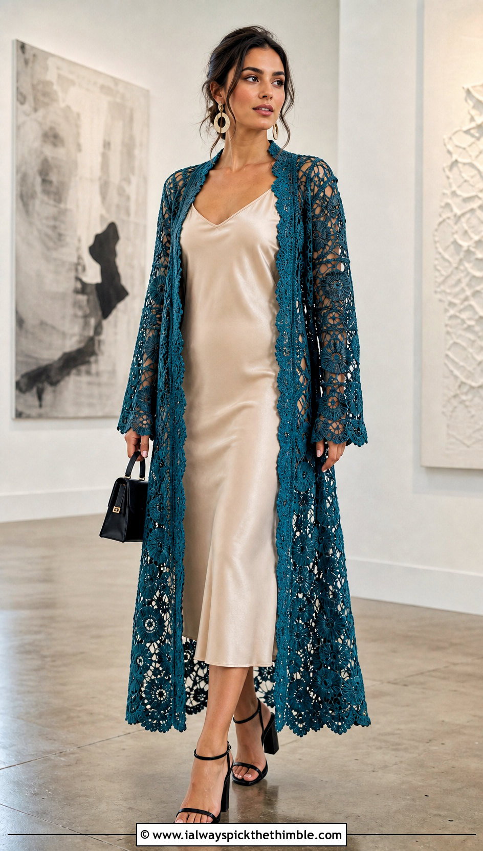 Longline Floral Lace Crochet Cardigan With Slip Dress - 15 crochet cardigan with lace sleeves outfit ideas