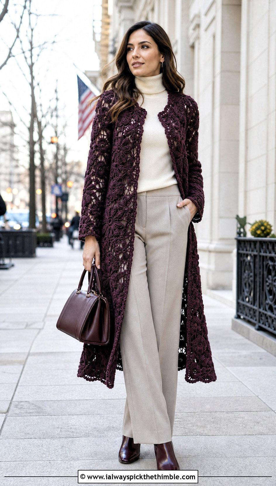 Longline Flower Cardigan With Tailored Pants - 20 crochet flower cardigan outfit ideas