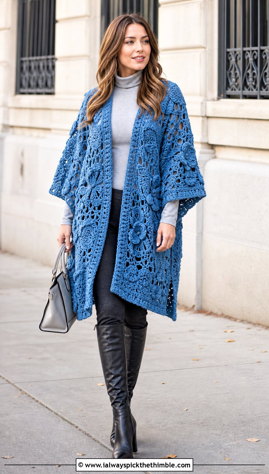 Longline Flower Crochet Poncho With Slim Knit Pants - 20 Crochet Flower Poncho outfit ideas