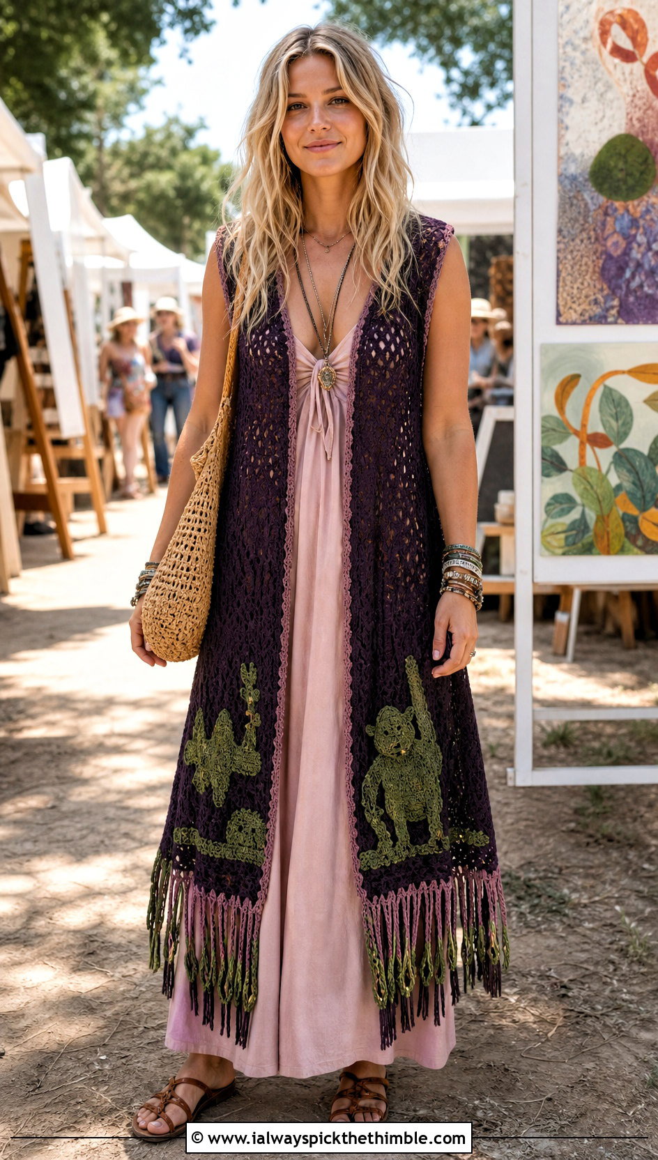 Longline Fringe Crochet Shrek Vest With a Maxi Dress - 15 Crochet Shrek Vest outfit ideas