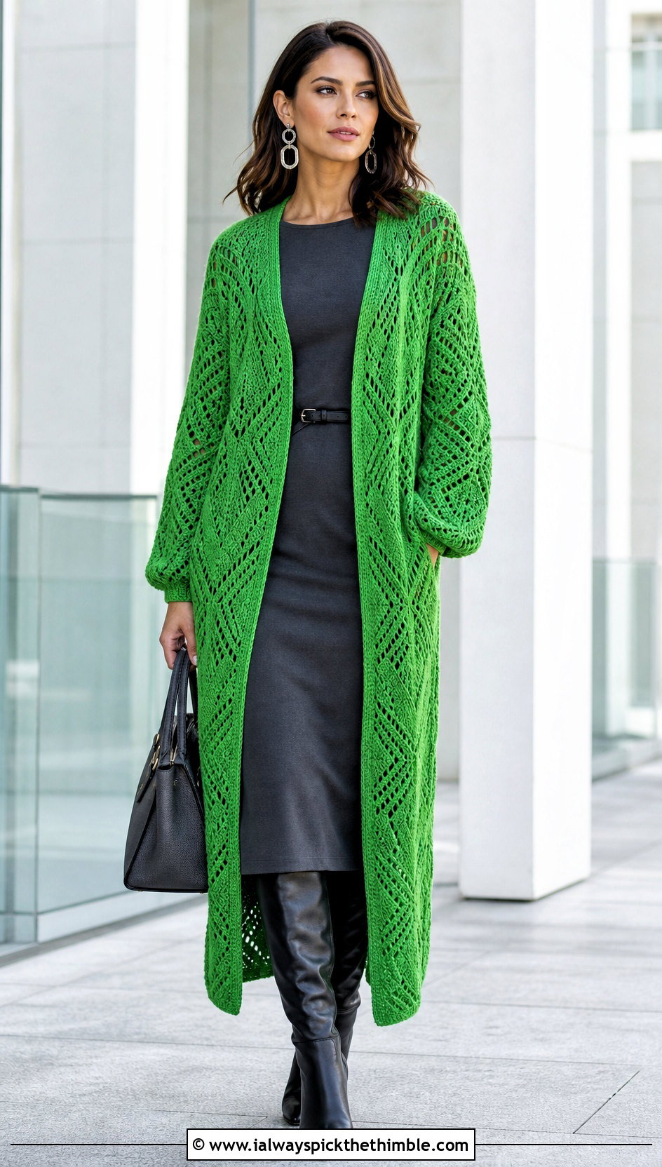 Longline Geometric V Neck Crochet Sweater Over A Column Dress - 15 v-neck crochet sweater outfit ideas