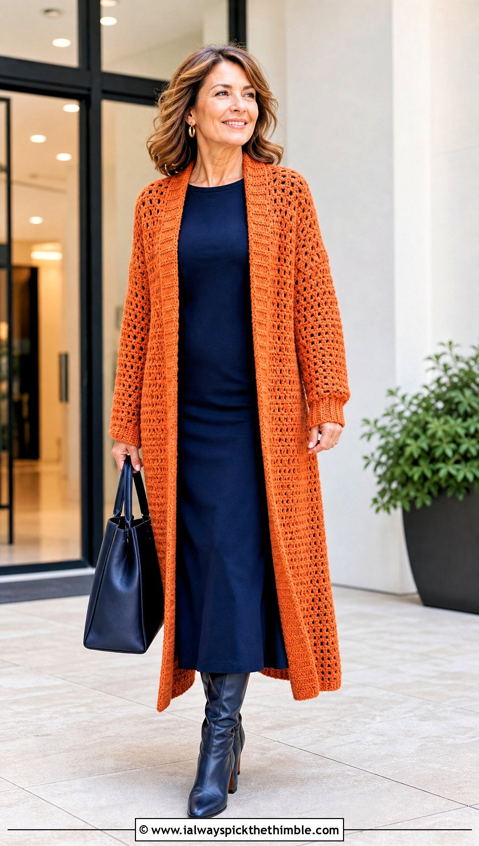Longline Grandpa Crochet Cardigan With Column Dress - 20 grandpa crochet cardigan outfit ideas