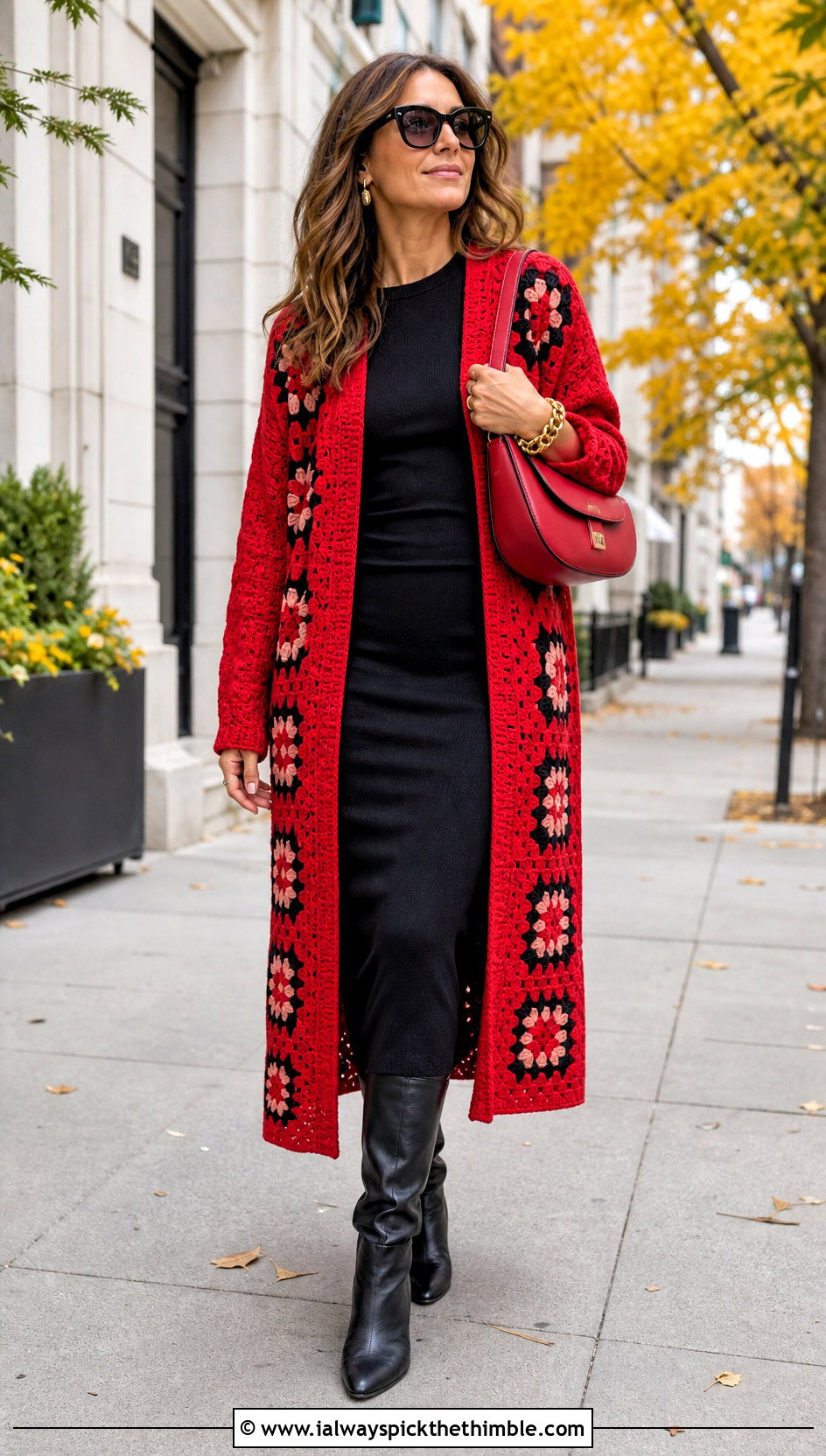 Longline Granny Block Cardigan With Column Dress - 20 crochet block cardigan outfit ideas