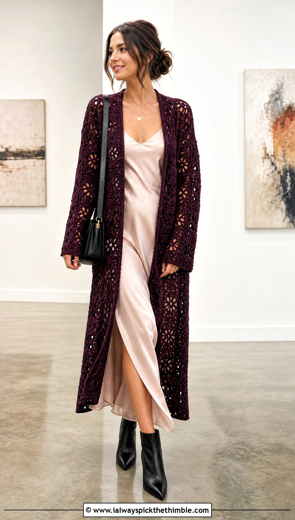 Longline Granny Crochet Cardigan With Slip Dress - 20 granny crochet sweater outfit ideas