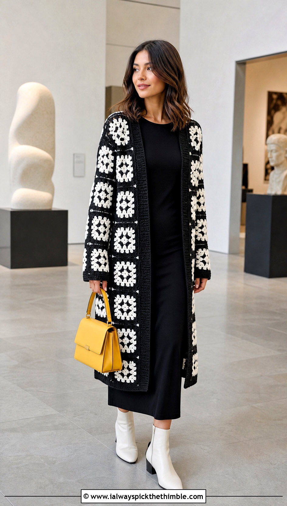 Longline Granny Square Cardigan Sweater With A Column Dress - 20 black and white granny square sweater outfit ideas