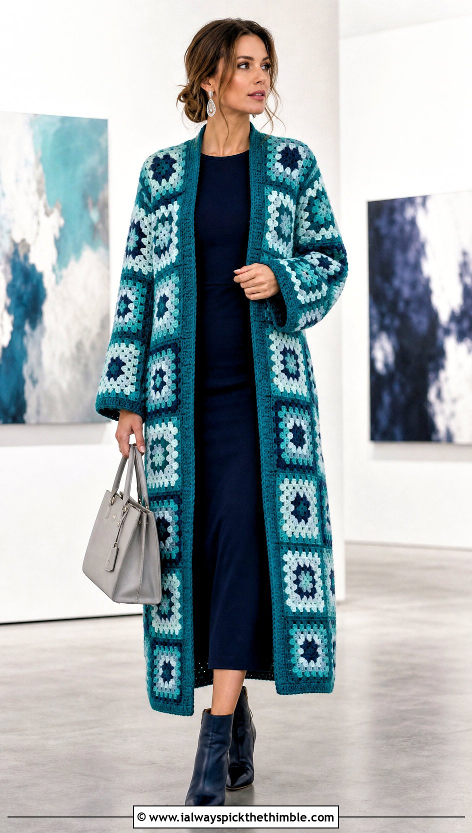 Longline Granny Square Cardigan With A Column Dress - 20 cardigan with granny square outfit ideas