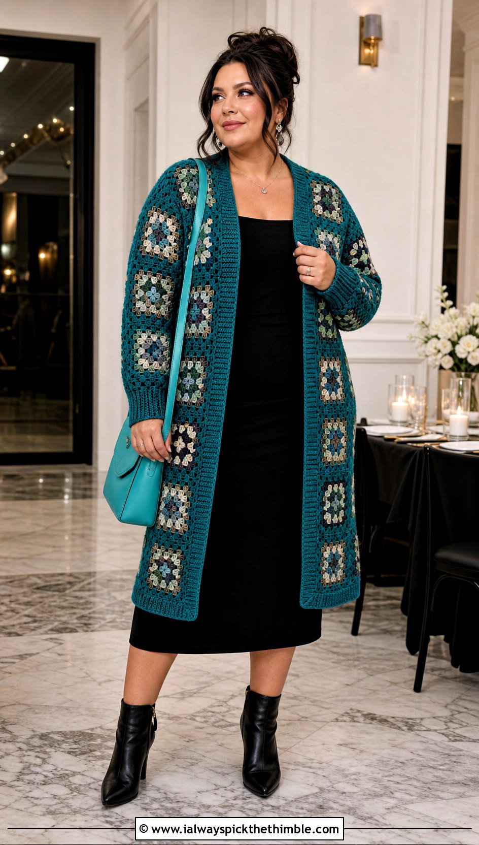 Longline Granny Square Cardigan With Black Column Dress - 20 plus size crochet granny square cardigan outfit ideas