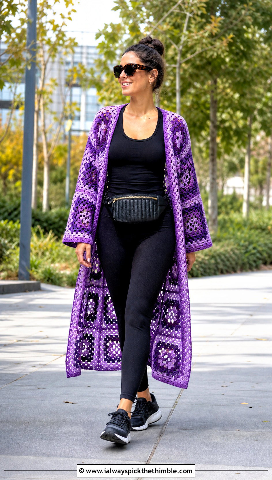 Longline Granny Square Cardigan With Black Leggings - 20 crochet square cardigan outfit ideas
