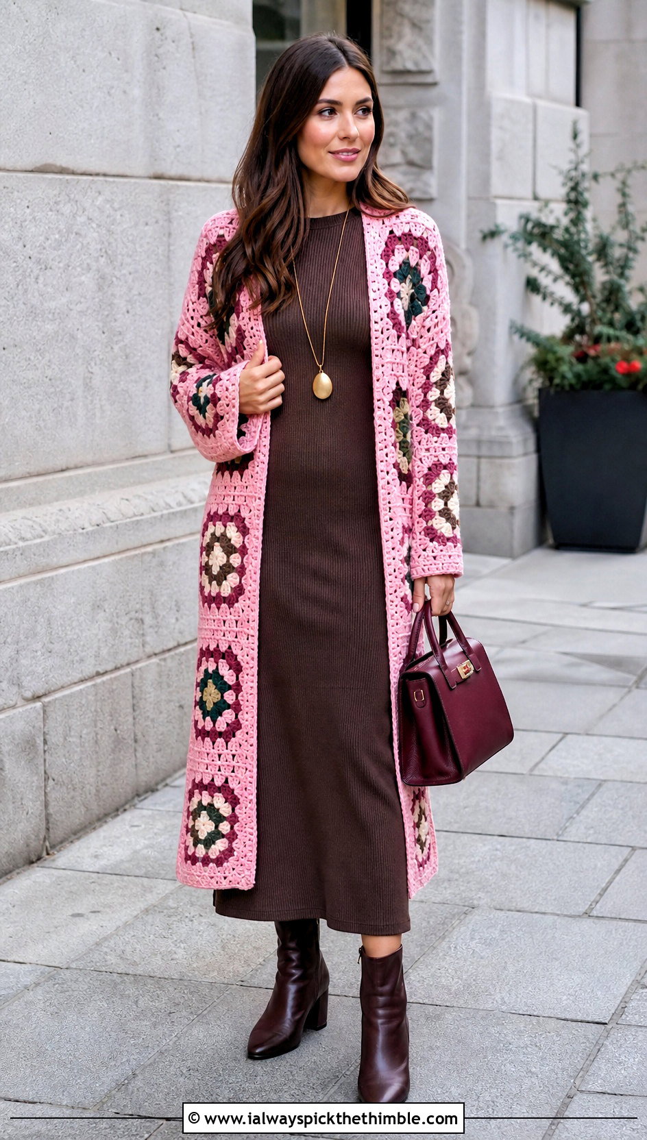 Longline Granny Square Cardigan With Column Dress - 20 crochet sweater with granny squares outfit ideas