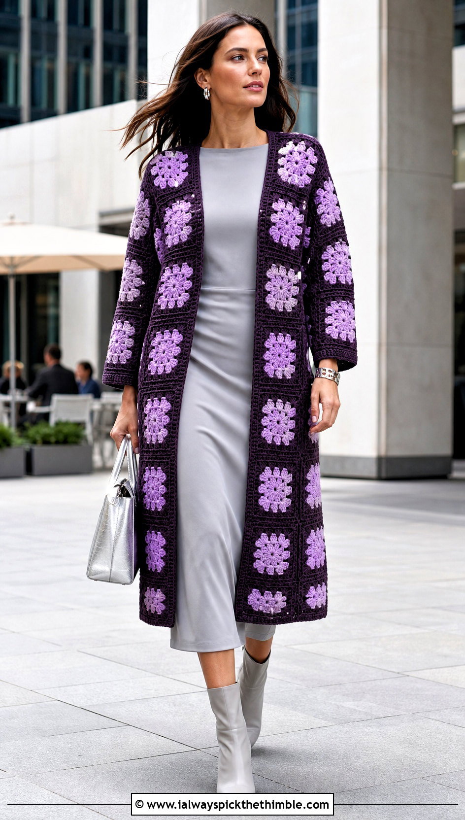 Longline Granny Square Cardigan With Column Dress - 20 Granny Squares Sweater outfit ideas