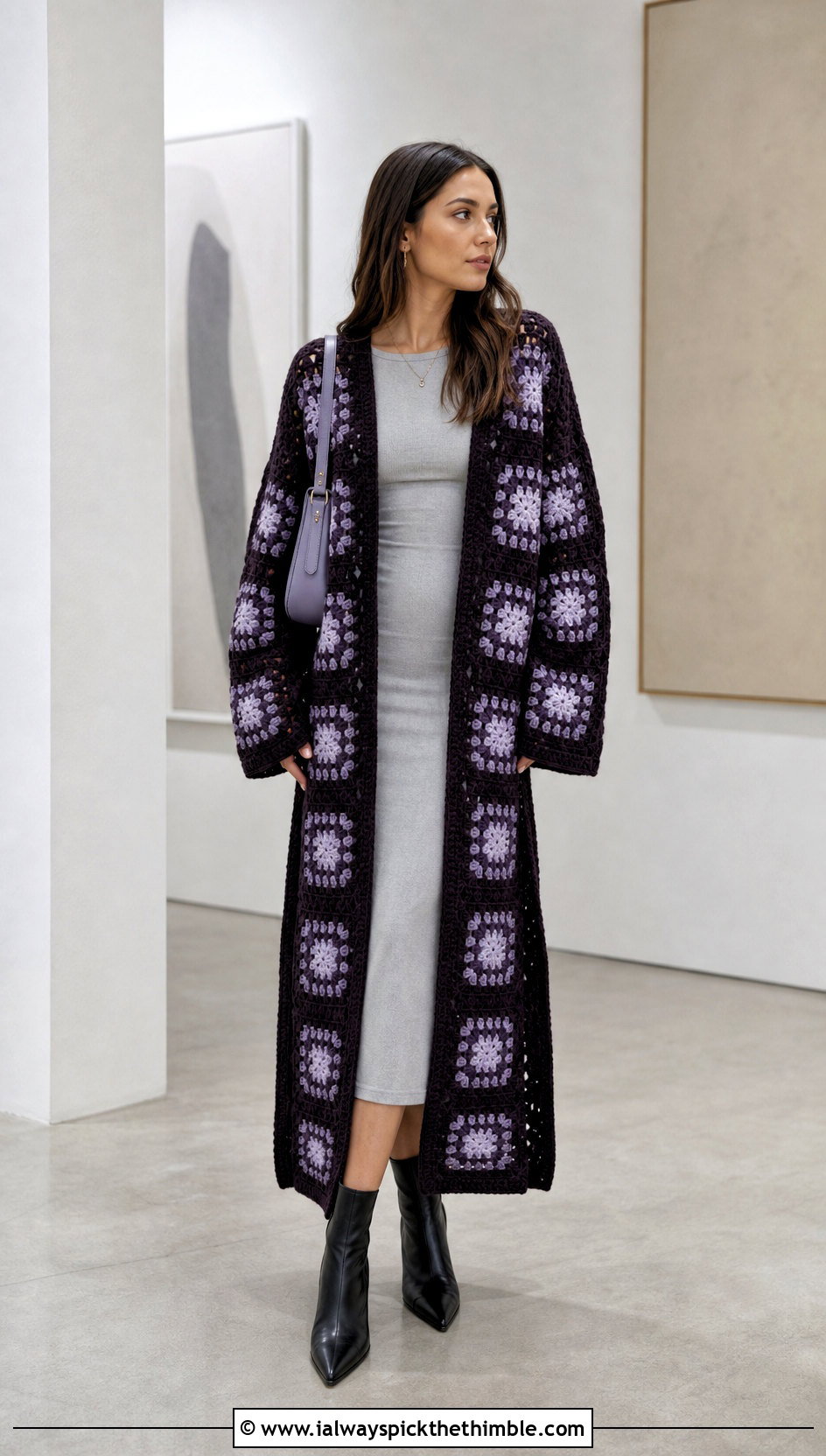 Longline Granny Square Cardigan With Column Dress - 20 Oversized Granny Square Cardigan outfit ideas