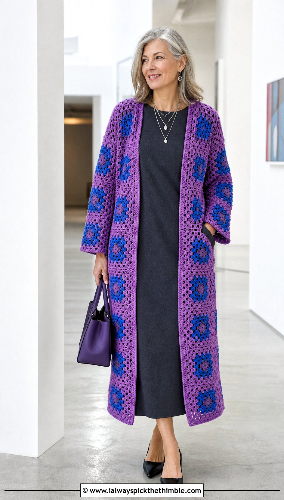 Longline Granny Square Cardigan With Column Dress - 25 Easy Simple Crochet Granny Square Cardigan outfit ideas