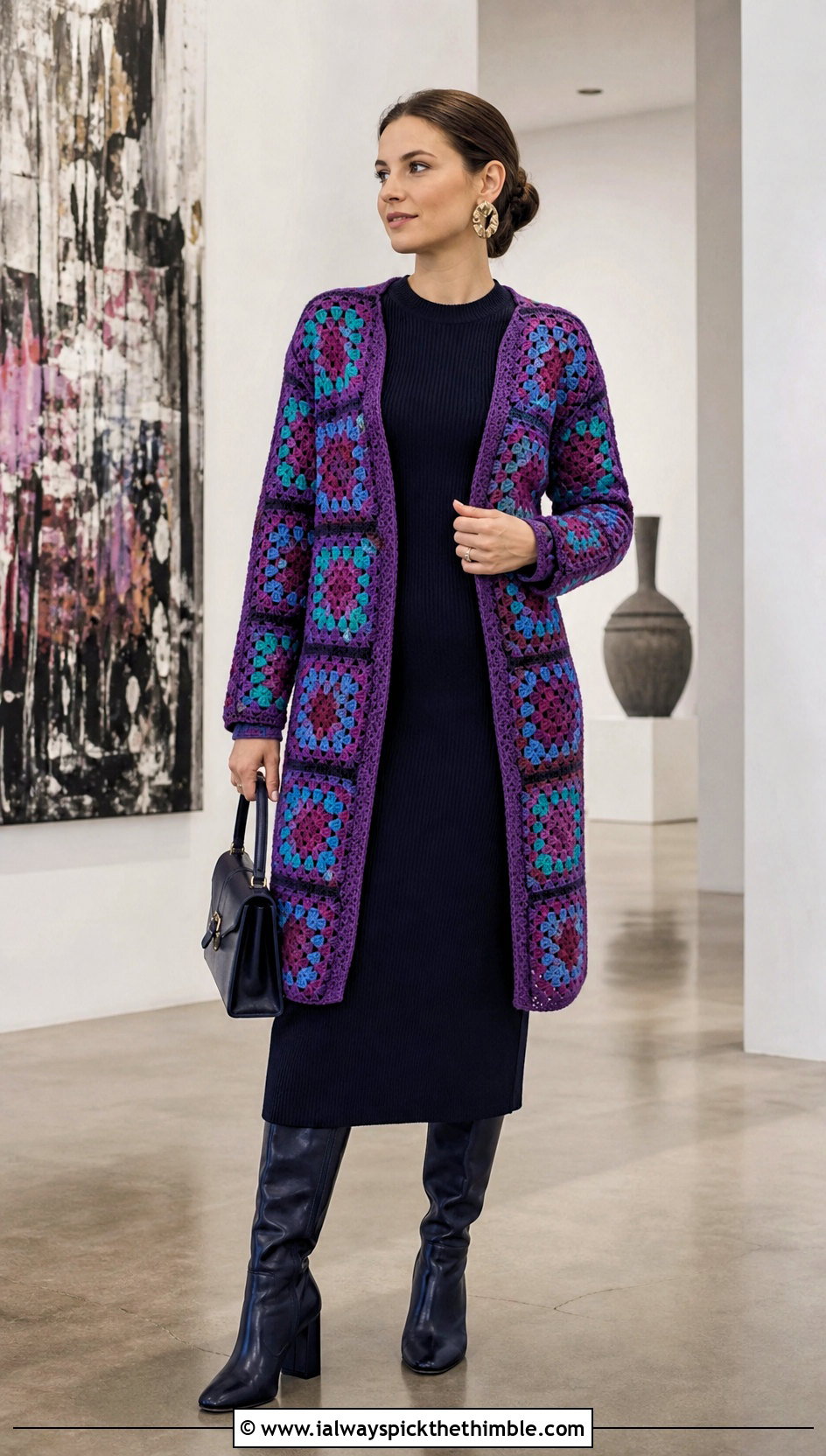 Longline Granny Square Cardigan With Column Dress - 20 Crochet Fall Granny Square Cardigan outfit ideas