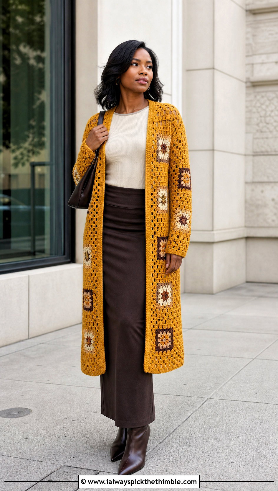Longline Granny Square Cardigan With Column Maxi Skirt - 25 granny square crochet cardigan jacket outfit ideas
