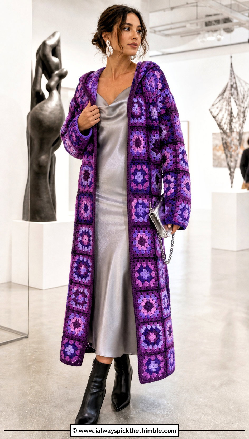 Longline Granny Square Cardigan With Hood And Satin Slip Dress - 20 granny square cardigan with hood outfit ideas