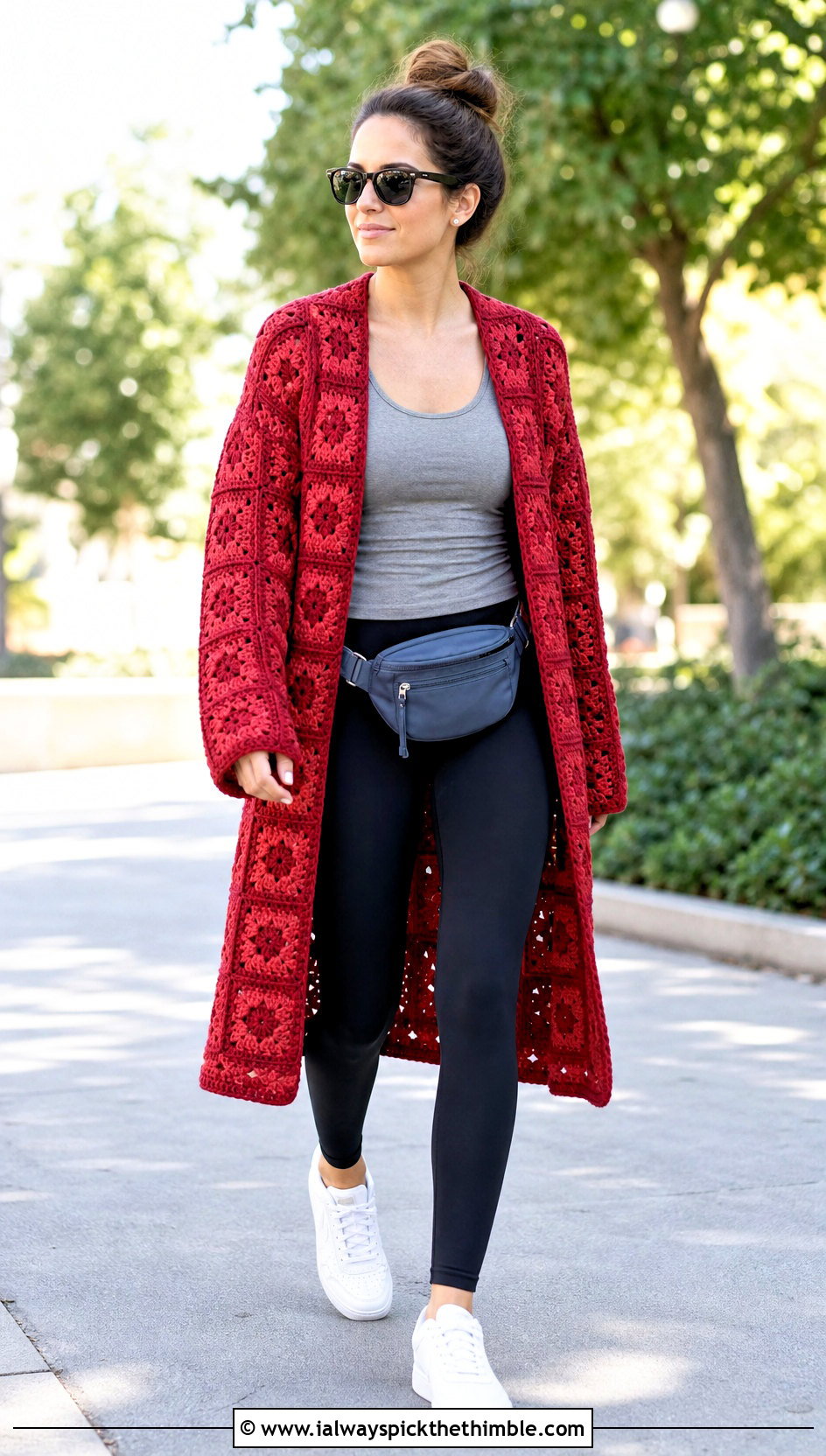 Longline Granny Square Cardigan With Leggings And Sneakers - 20 For Granny Square Cardigan outfit ideas