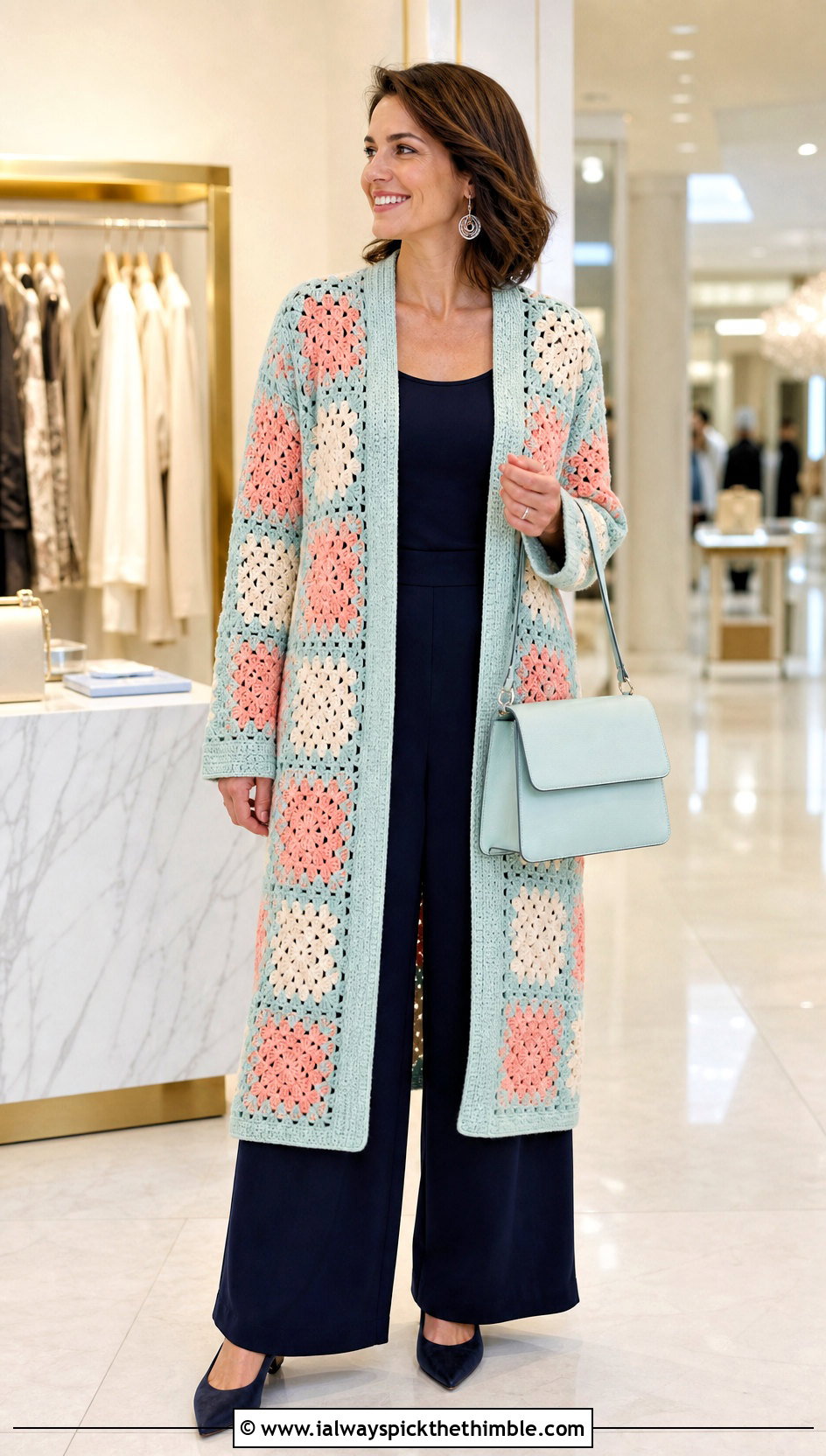 Longline Granny Square Cardigan With Monochrome Basics - 20 pastel granny square cardigan outfit ideas