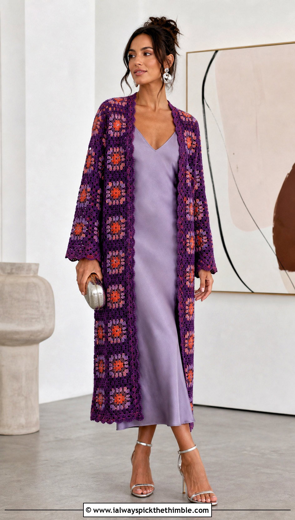 Longline Granny Square Cardigan With Satin Slip Dress - 15 Womens Granny Square Cardigan outfit ideas