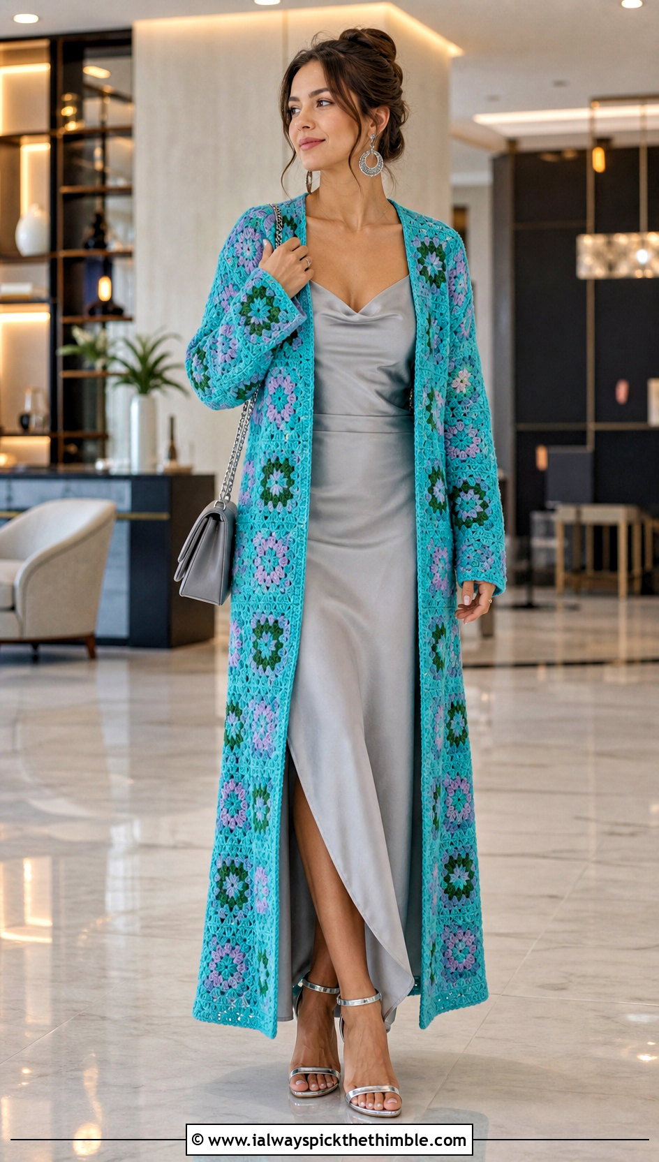 Longline Granny Square Cardigan With Slip Dress - 15 Never Off Granny Square Cardigan outfit ideas
