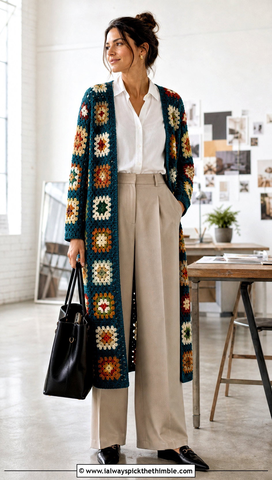 Longline Granny Square Cardigan With Tailored Trousers - 20 boho granny square cardigan outfit ideas