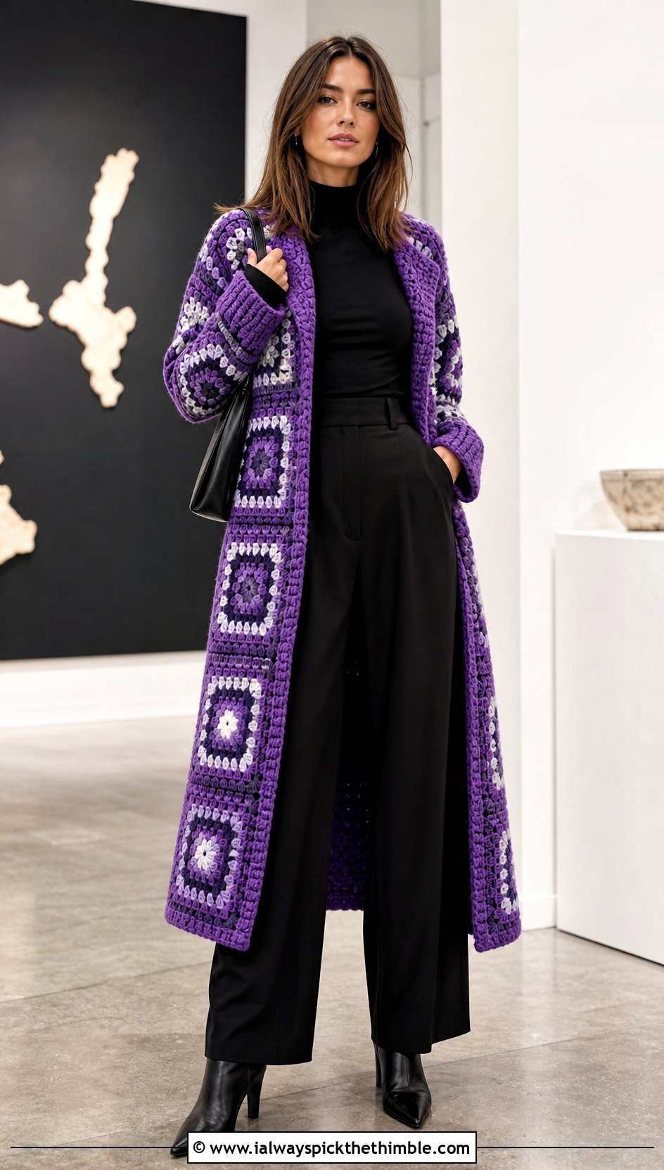Longline Granny Square Coat With Black Wide Leg Pants - 20 crochet granny square coat outfit ideas