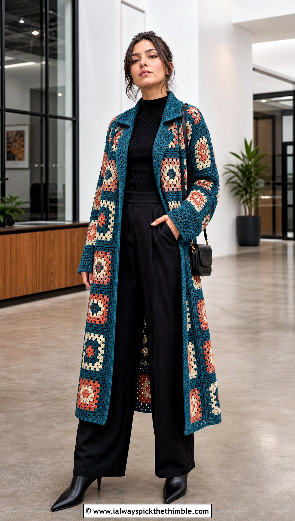 Longline Granny Square Coat With Wide Leg Pants - 20 granny square coat outfit ideas