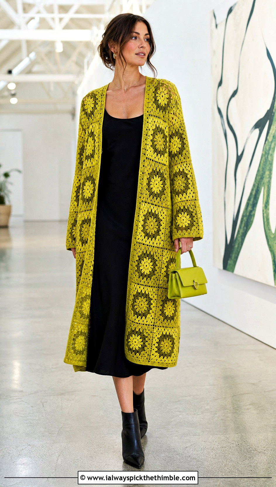Longline Granny Square Crochet Cardigan With Column Dress - 20 Grant Square Crochet Cardigan outfit ideas