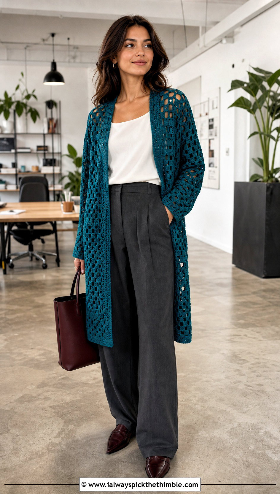 Longline Granny Square Crochet Cardigan With Tailored Trousers - 25 granny square crochet cardigan outfit ideas