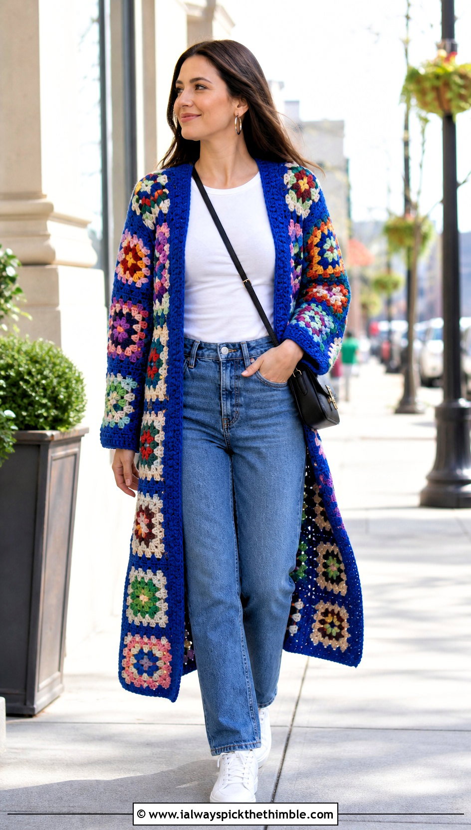 Longline Granny Square Crochet Coat With Jeans - 20 crochet coat ideas