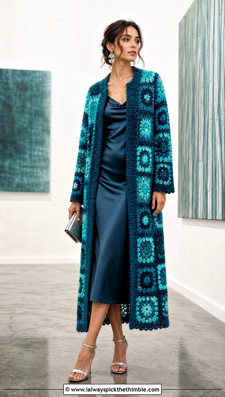Longline Granny Square Crochet Coat With Satin Slip Dress - 15 Granny Square Crochet Coats & Jackets outfit ideas